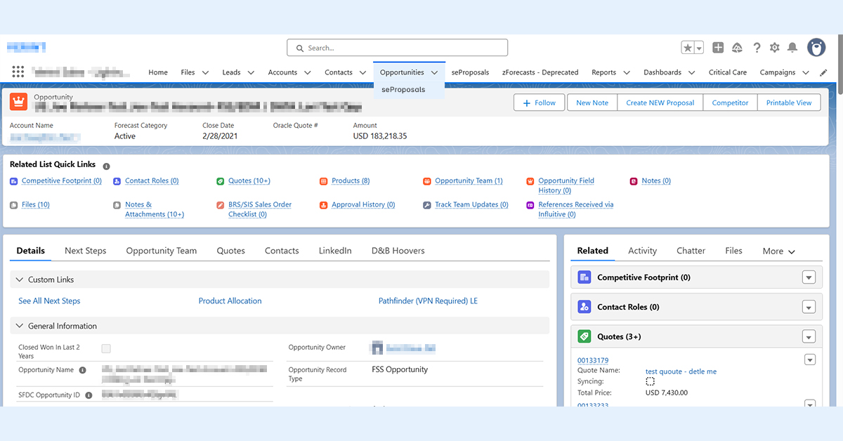 seProposals as it appears in Salesforce Opportunity